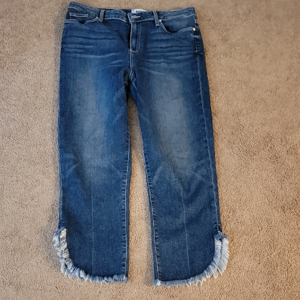 Paige Dark Blue Frayed Hem Women Jeans- Hoxton Syraight Ankle